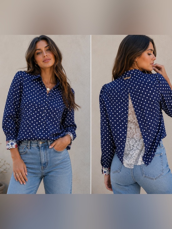 Birds Of Paradise Tops - Birds of Paradis by Trovata Blue White Polka Dot Lace Back Pop Over Blouse